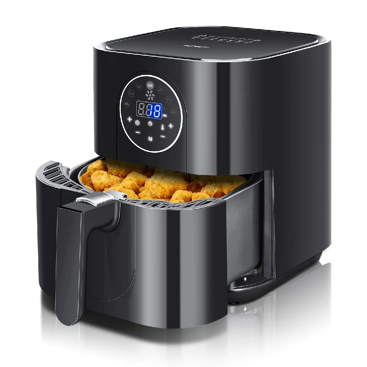 Mini Cube - Friteuse à air chaud 0% BPA. Sans huile, 3,5 litres, 1500W, 7 fonctions préréglées, durée et température réglables manuellement. Panneau tactile LED.