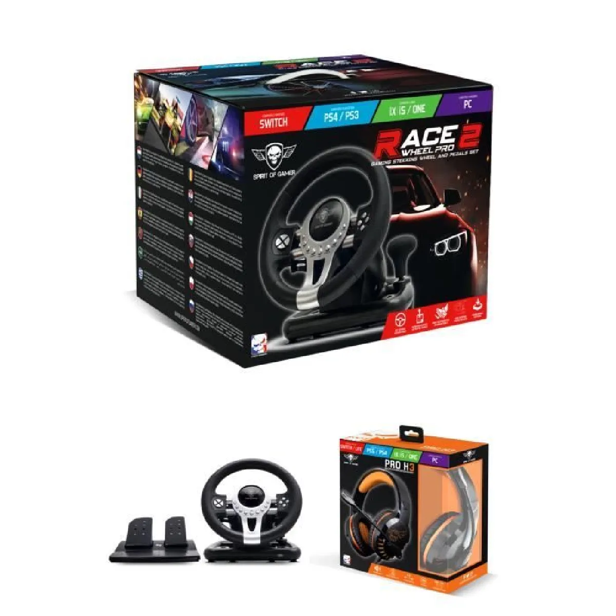 Volant et pédales de jeu Vidéo PRO Race Pro SV450 compatible Xbox Séries X S PS3 PS4 SWITCH PC SUBSONIC + Casque SPIRIT OF GAMER PRO