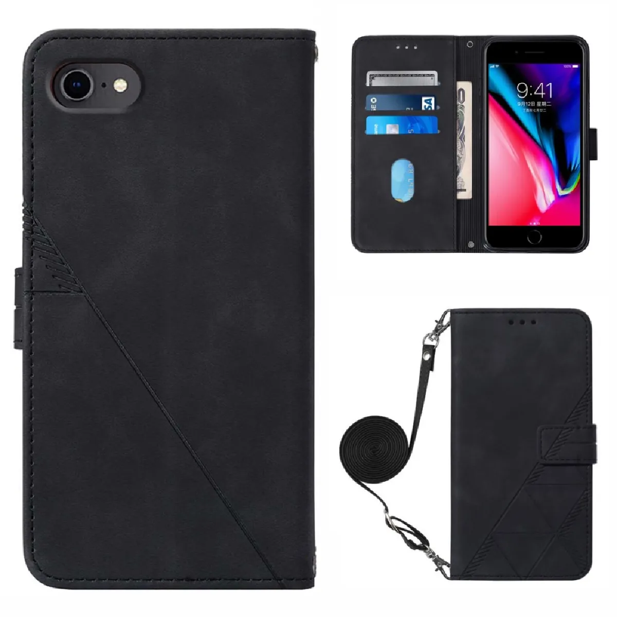 Etui en PU motif de lignes avec bandoulière noir pour votre iPhone 6 4.7-pouces/7 4.7 pouces/8 4.7 pouces/SE (2nd Generation)