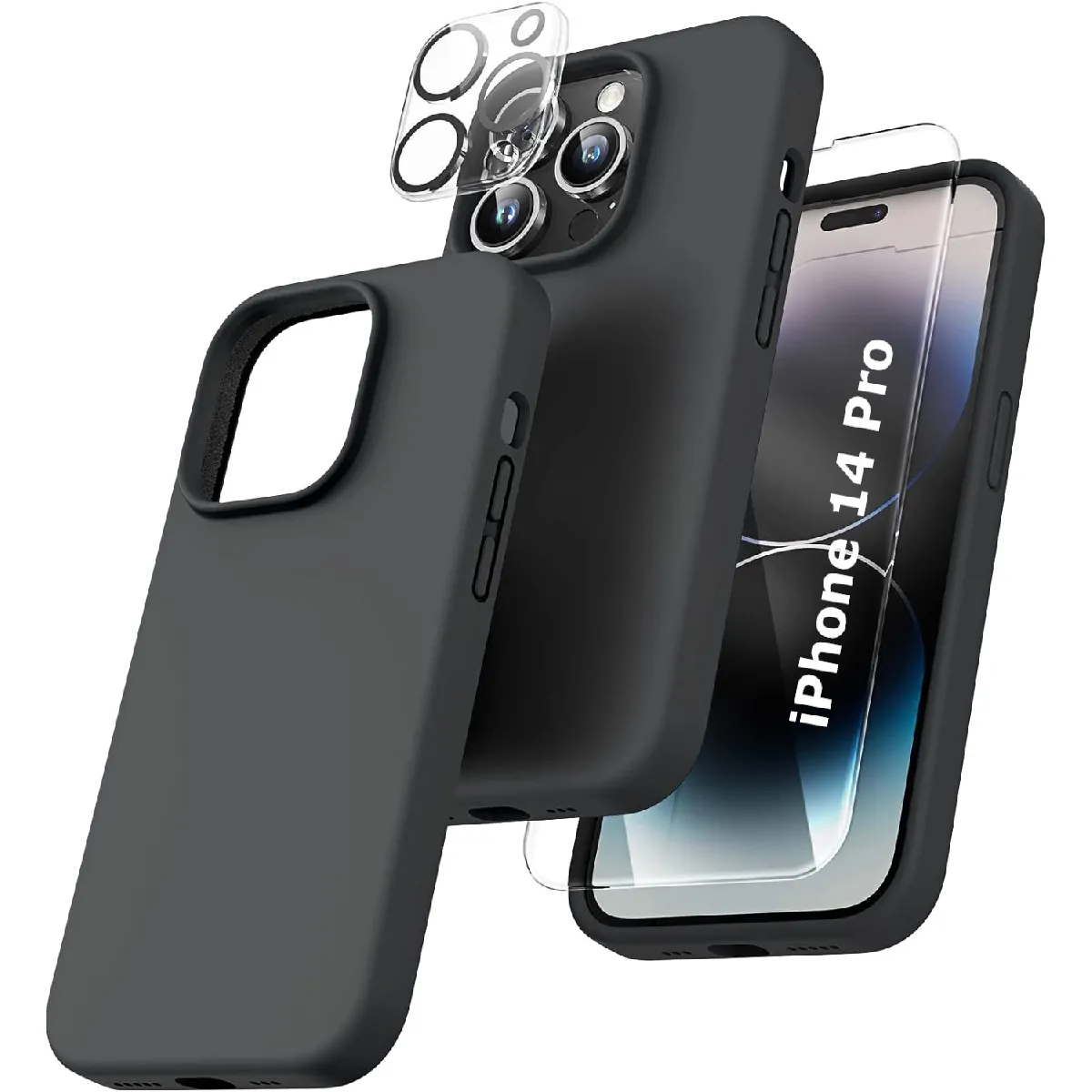 Coque Silicone Noir + Verre Trempe et Protection Camera Arriere Pour iPhone 14 Pro Little Boutik®