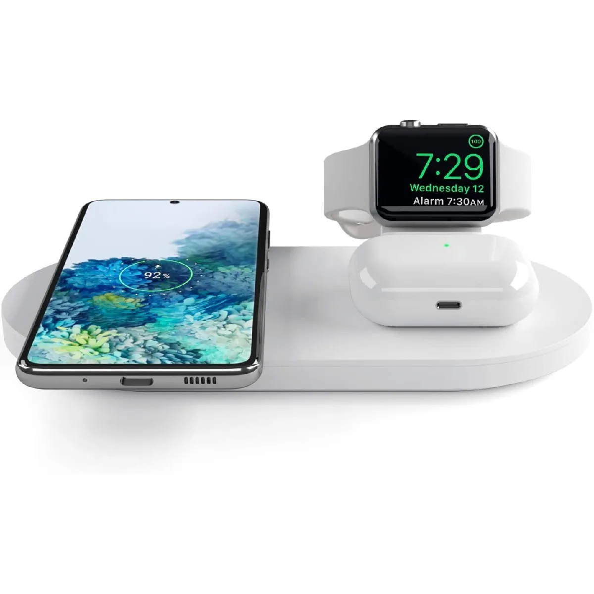 Support de chargeur sans fil 3 en 1 pour Apple Watch et station de charge AirPods, mode table de chevet pour iWatch 6/SE/5/4/3/2, charge QI Smart Fast 15W pour iPhone Samsung et autres téléphones compatibles Qi,(blanc)