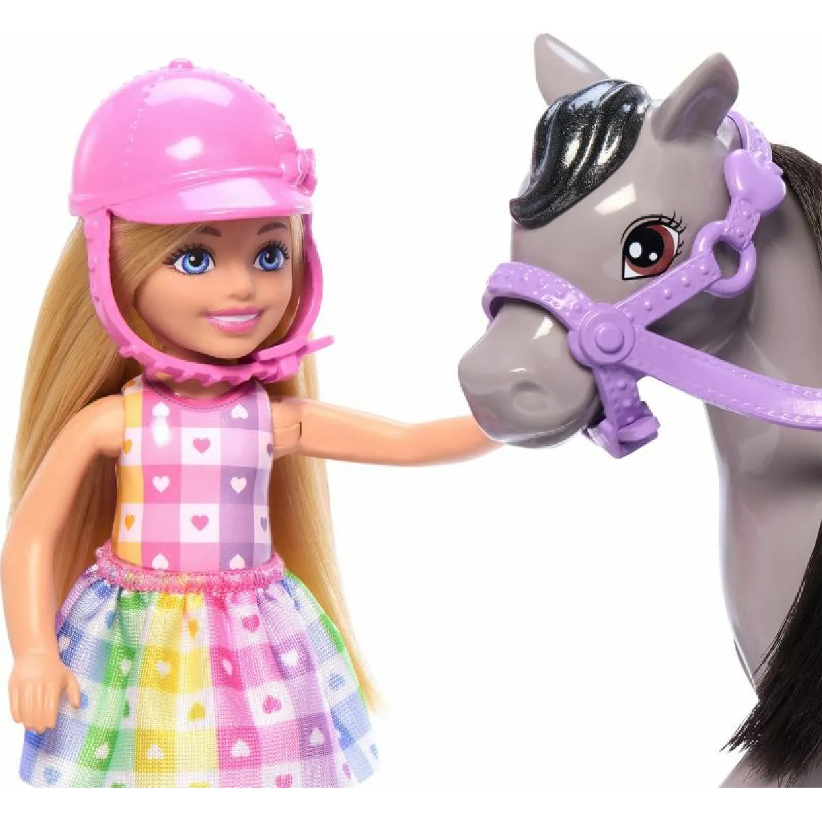 Barbie Chelsea et son poney Coffret contenant 1 bombe et 1 selle, poupée articulée aux genoux pour « monter » son poney gris, HTK29