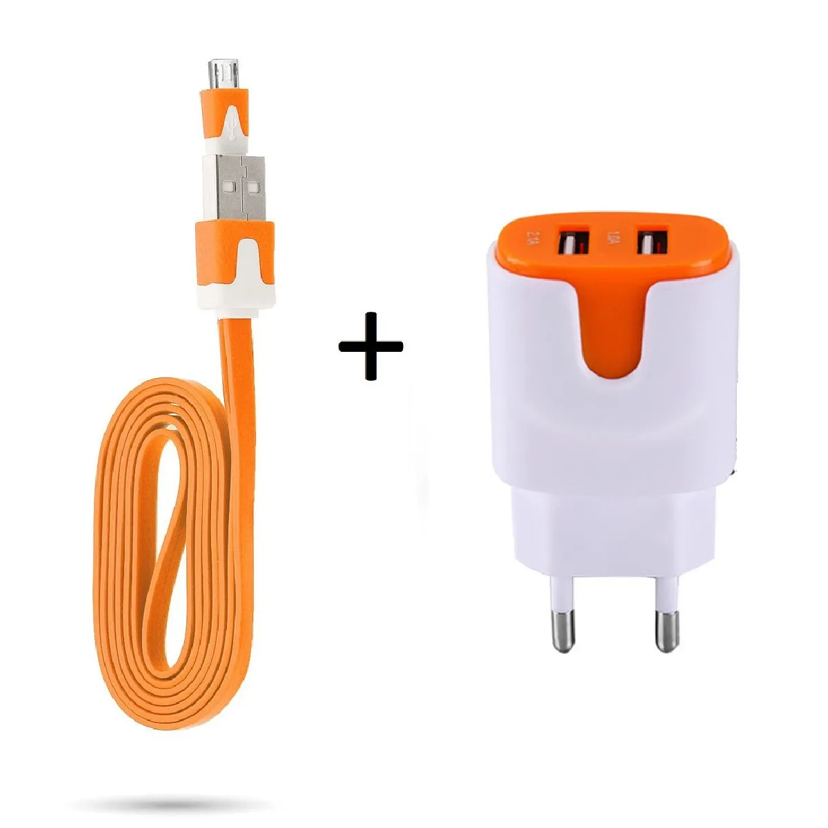 Pack Chargeur pour Manette Xbox One Smartphone Micro-USB (Cable Noodle 1m Chargeur + Double Prise Secteur Couleur USB) Android (ORANGE)