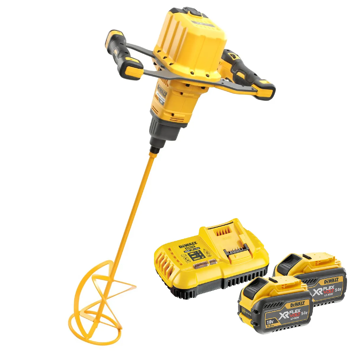 Malaxeur sans fil DEWALT XR FLEXVOLT 54V + 2 batteries 54V 3.0Ah + tige spirale 160 mm - DCD240X2