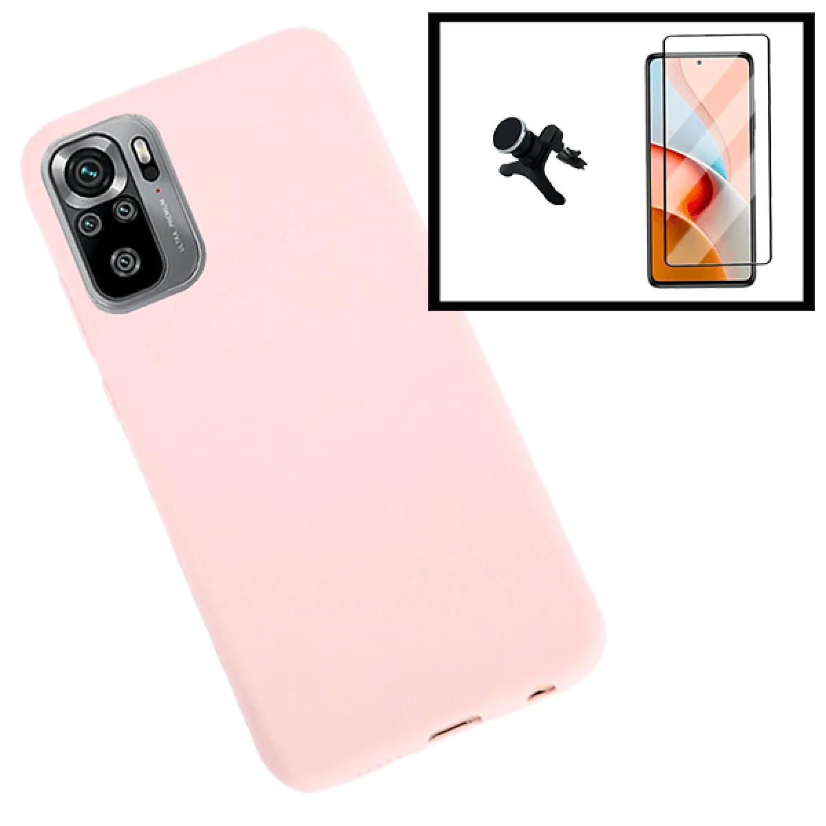 Kit de Film de Verre Trempé 5D à Couverture Complète + Coque en Silicone Liquide + Support Magnetíque pour la Voiture Renforcée pour Xiaomi Poco M3 Pro - Rose