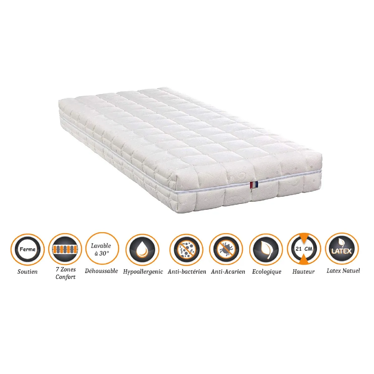 Matelas Latex 70% Naturel 140x200 x 21 cm Ferme - Spécial Sommier Electrique - Déhoussable Housse Lavable - 7 Zones de Confort - Ame Poli Lattex 33 Kg/m3 - Hypoallergénique