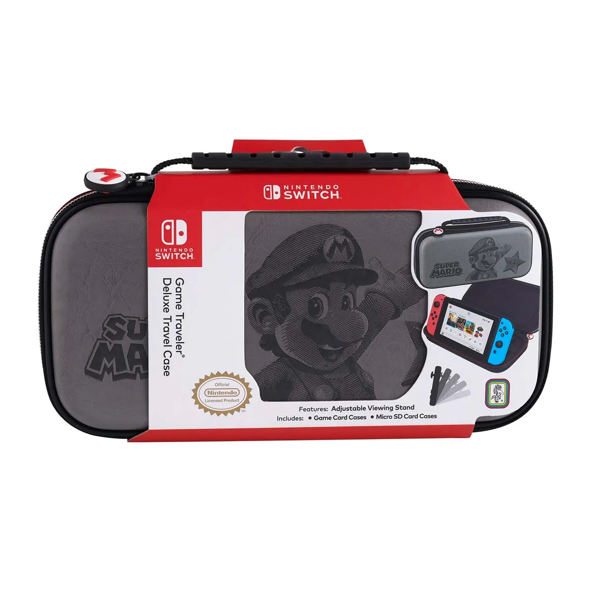 Bigben Interactive - Pochette de transport et de protection officielle Nintendo? Grise, gravure Mario, pour Nintendo Switch?. Matériau rigide pour une protection optimale. Fonction socle ajustable. Permet le rangement de