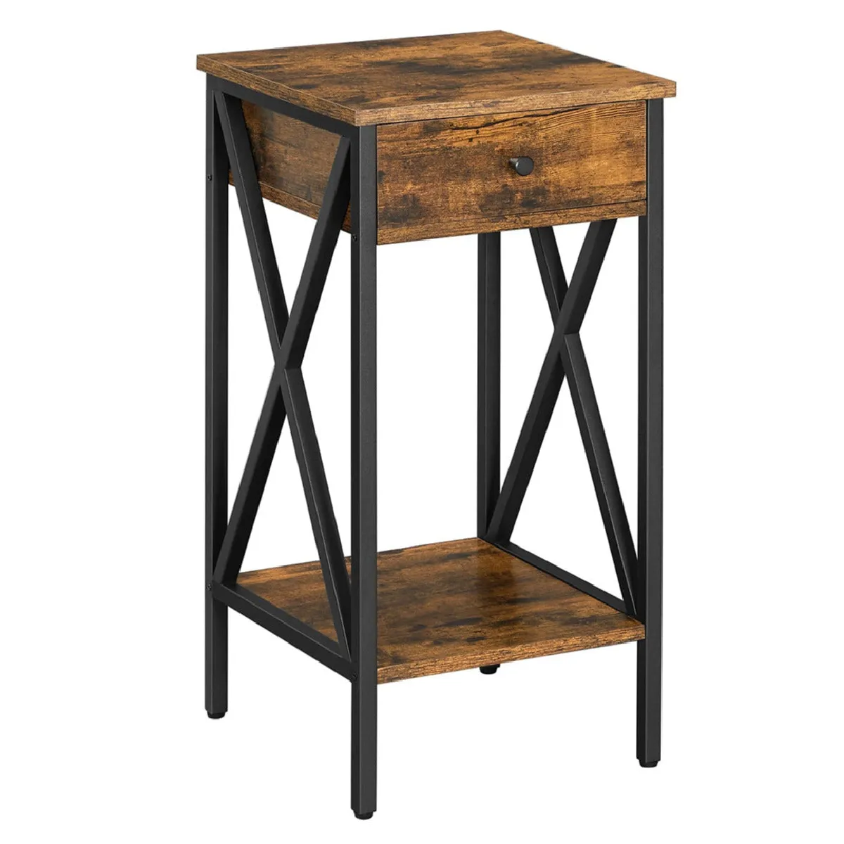 Table de chevet bout de canapé table d’appoint table de nuit haute avec tiroir et étagère de rangement style industriel 70 cm marron rustique et noir 12_0003000