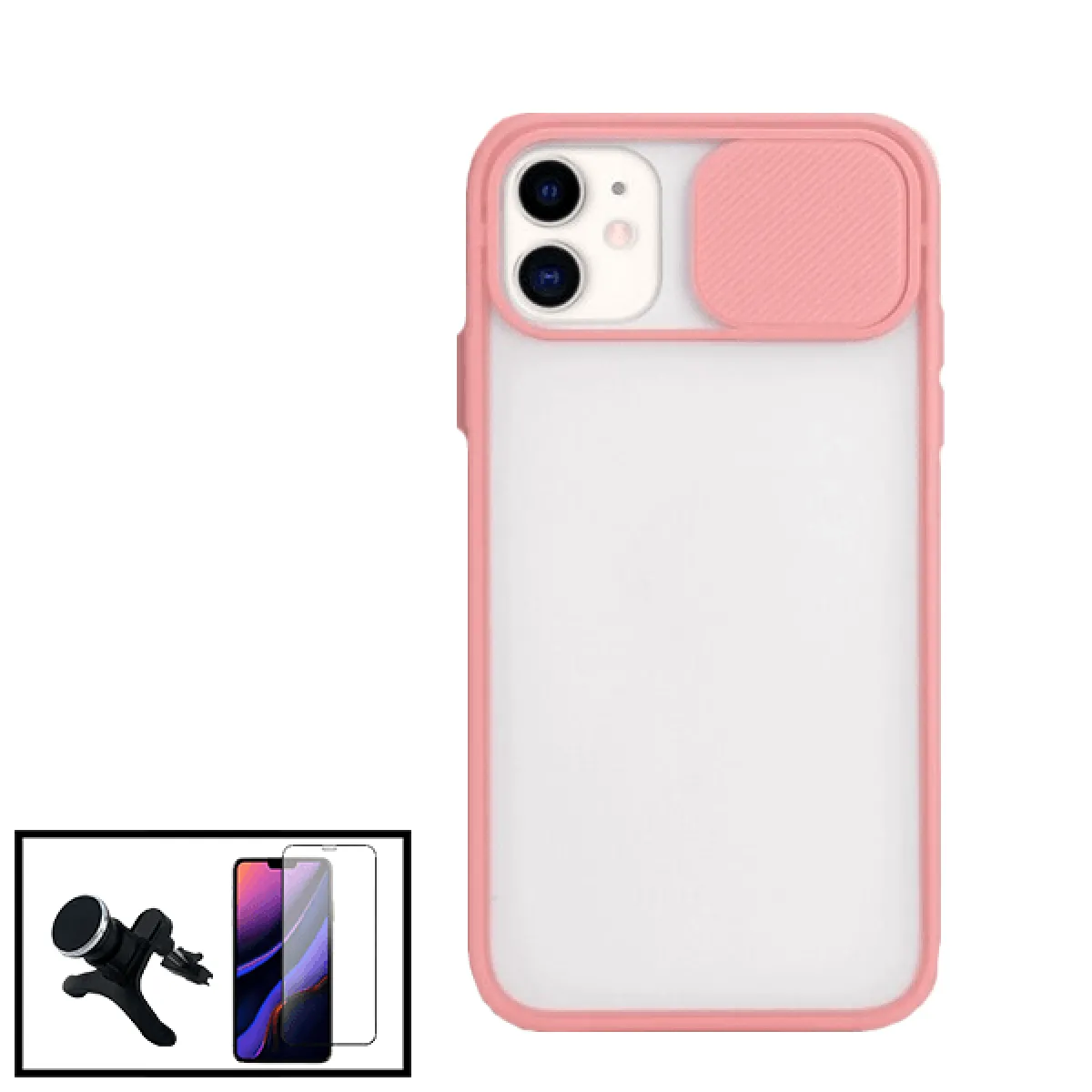 Kit Coque Slide Window Anti Choque Frosted + Film 5D Full Cover + Support Magnétique Renforcé de Voiture pour Apple iPhone SE 2022 - Rose