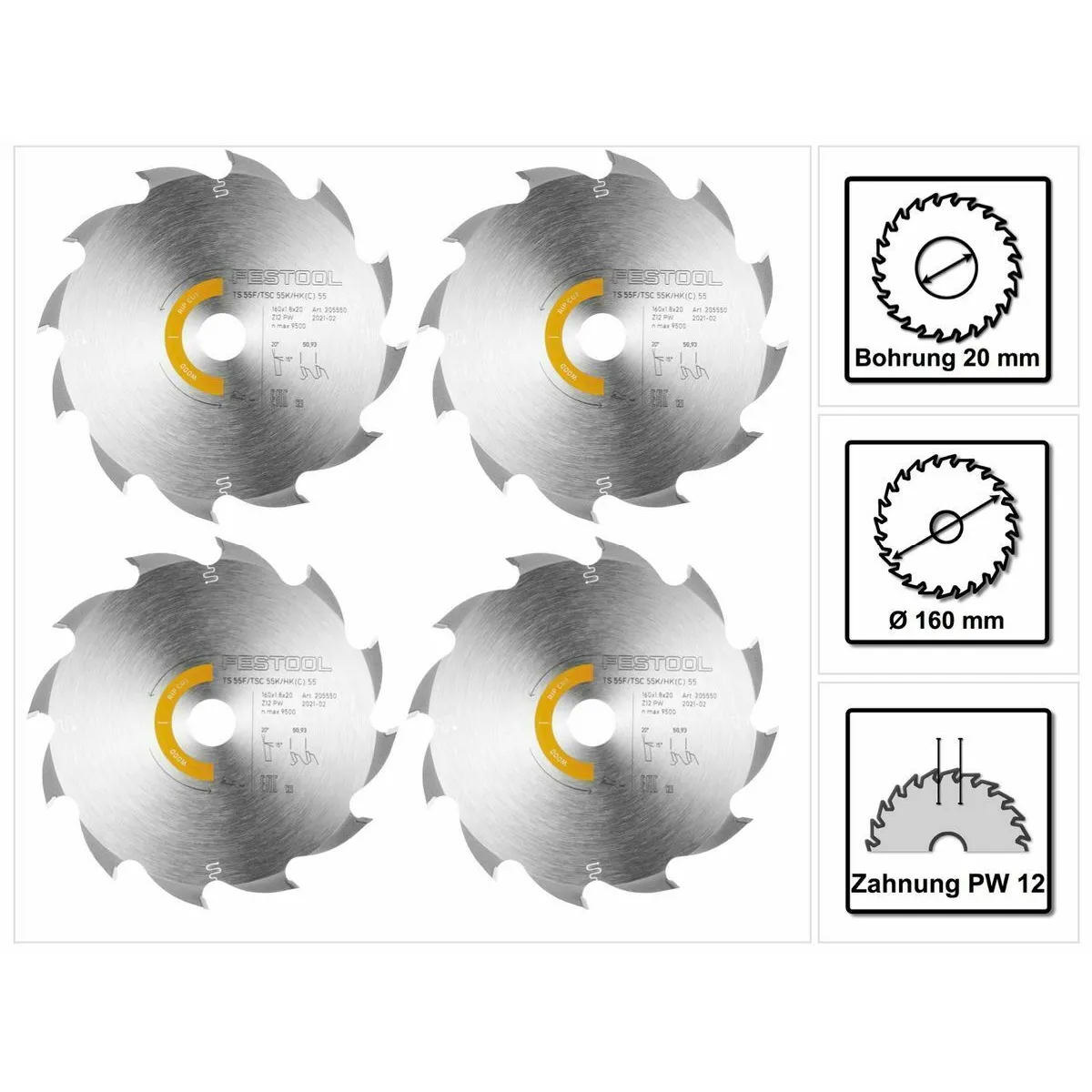 Festool Wood Rip Cut HW Lames de scie circulaire, 160 x 1,8 x 20 mm PW12, pour Scies plongeantes TS 55 F, TSC 55 K & Scies circulaires sans fil HK 55, HKC 55, 4 pcs. (4x 205550)