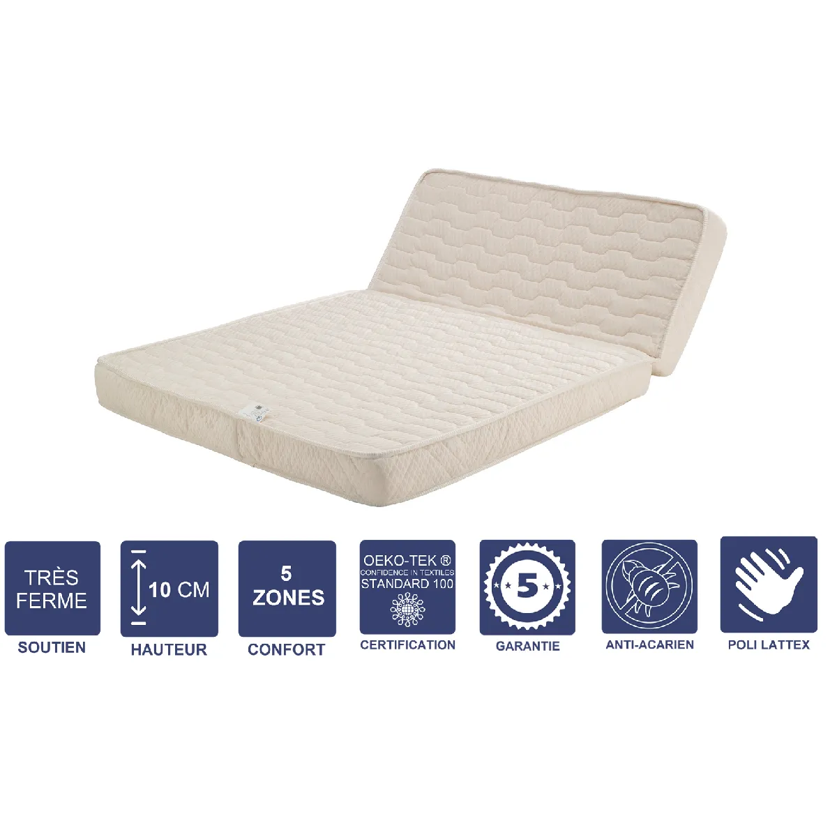 Matelas Très Ferme Pour BZ 160x200 x 10 cm + Oreiller Visco - Dim Assise 60 cm - Déhoussable Housse Lavable - 5 zones de Confort - Ame Poli Lattex Haute Résilience - Hypoallergénique