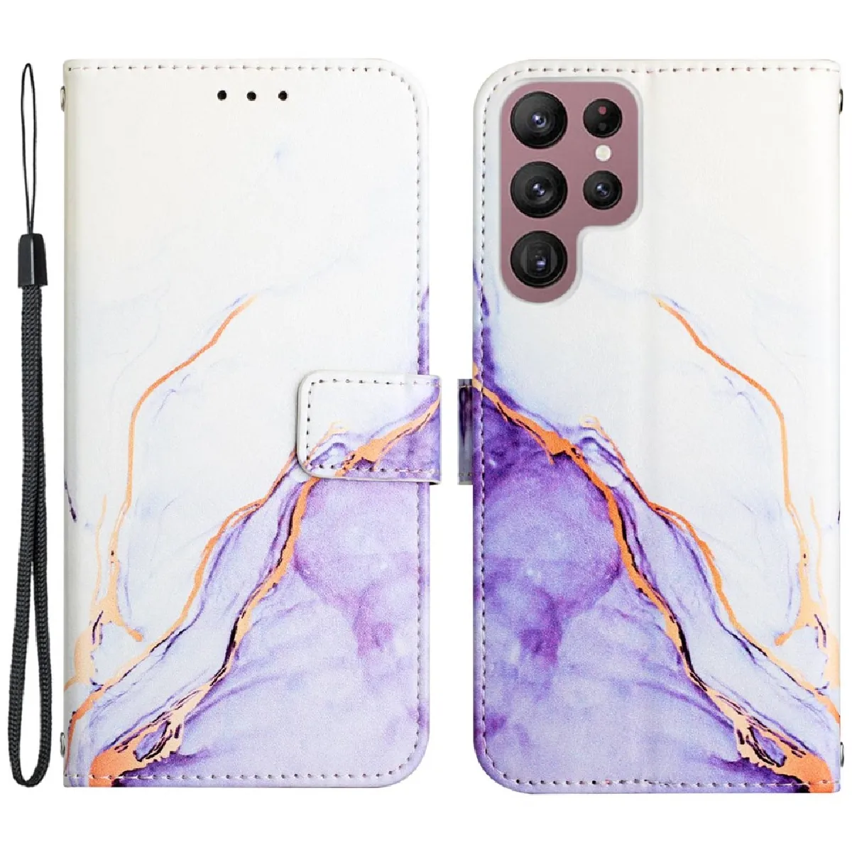 Etui en PU motif de marbre avec support pour votre Samsung Galaxy S23 Ultra - Blanc/violet ls006