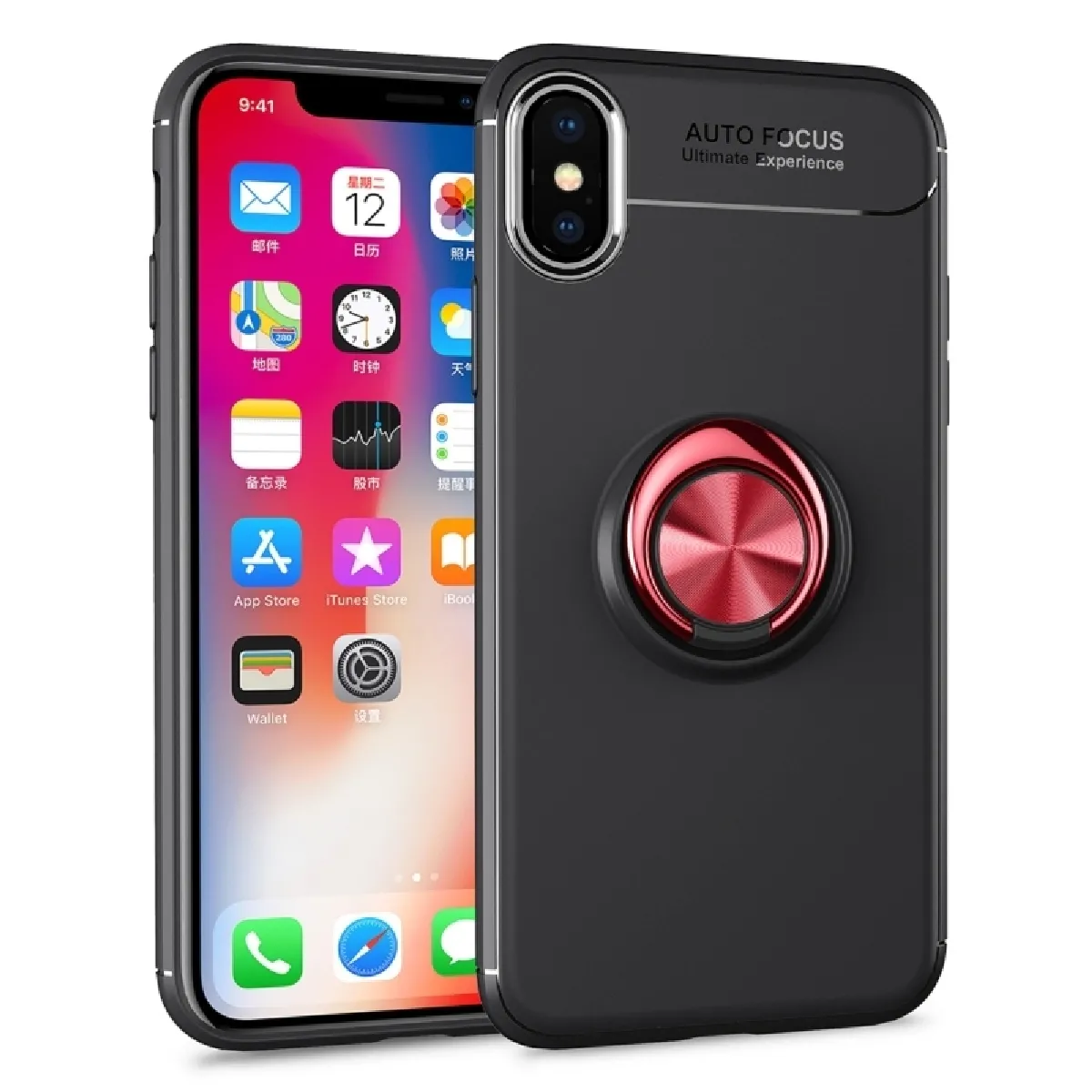 Coque noir + rouge pour iPhone X + Titulaire de la bague en métal 360 degrés rotation TPU Case