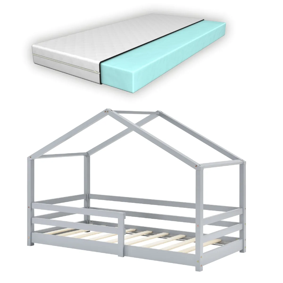 Lit pour enfant cabane maison avec matelas sommier et barrière en bois de pin gris clair 80 x 160 cm 03_0005474