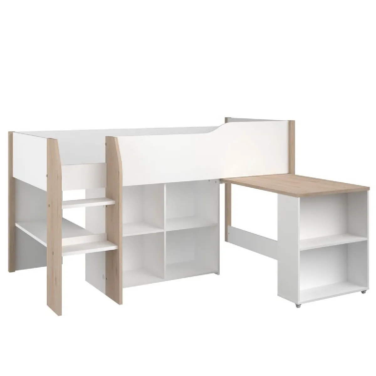 Lit combiné 90x200 cm MATI avec rangement et bureau Blanc et imitation chêne