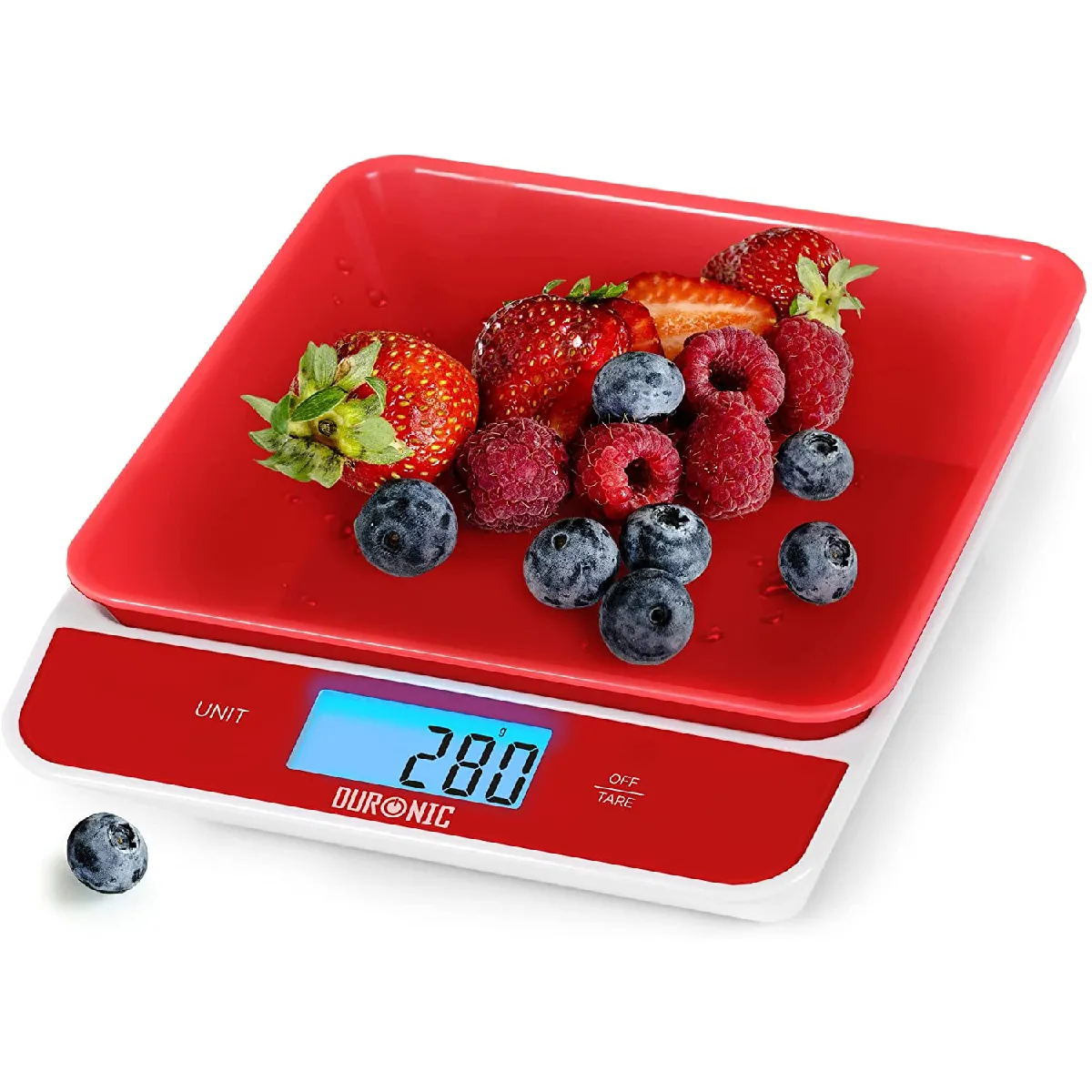 KS100 RD Balance de cuisine rouge   Capacité de 5 kg   Bol de 1,2L inclus   Large écran rétroéclairé   Fonction d'ajout de poids   4 capteurs précis   Idéale pour la pâtisserie ou comme balance postale