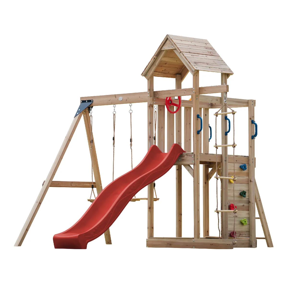 AXI Moos Aire de Jeux en Bois avec 2 Balançoires, Echelle en Corde, toboggan Rouge / Aire de Jeux Extérieur avec balançoires/ bac à sable/mur d'escalade - Portique Balançoire/Jeux en Bois Extérieur