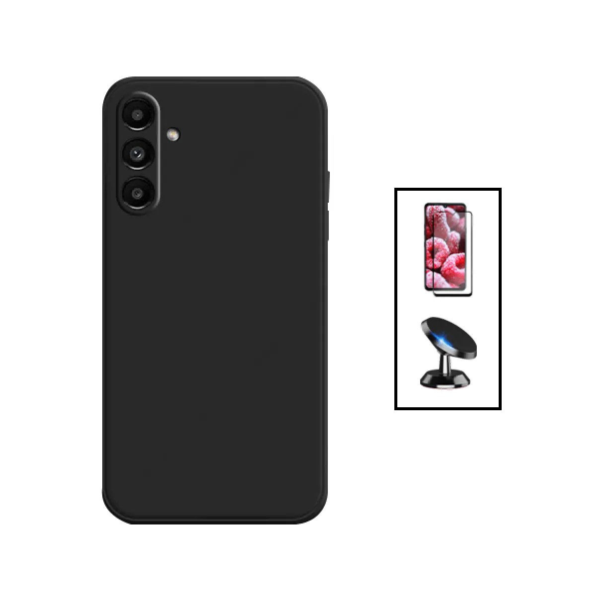 Kit Film Verre Trempé 5D Full Cover + Coque Silicone Liquide + Support Magnétique de Voiture pour Samsung Galaxy A14 - Noir