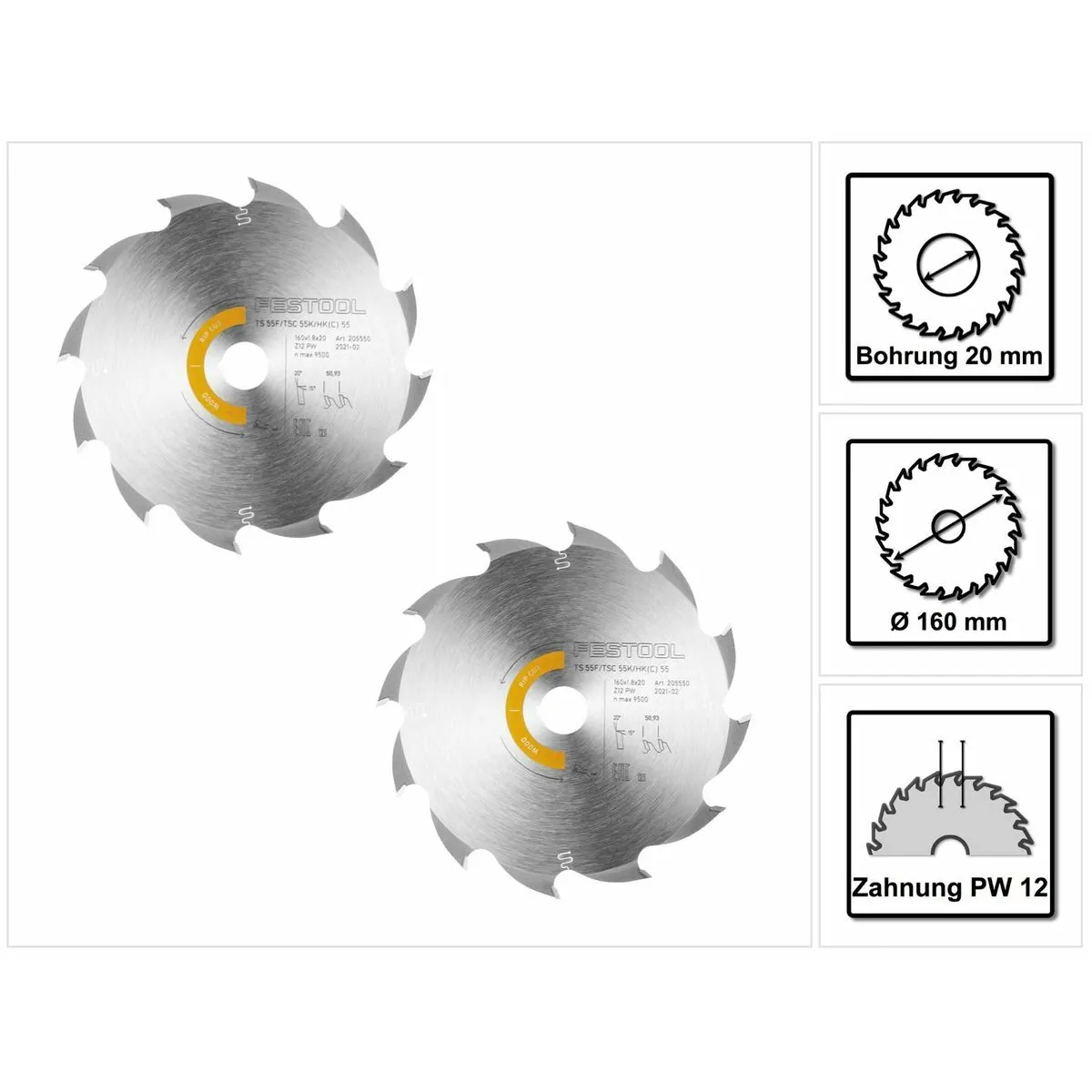 Festool Wood Rip Cut HW Lame de scie circulaire, 160 x 1,8 x 20 mm PW12, pour Scies plongeantes TS 55 F, TSC 55 K & Scies circulaires sans fil HK 55, HKC 55 - 2 pcs. (2x 205550)