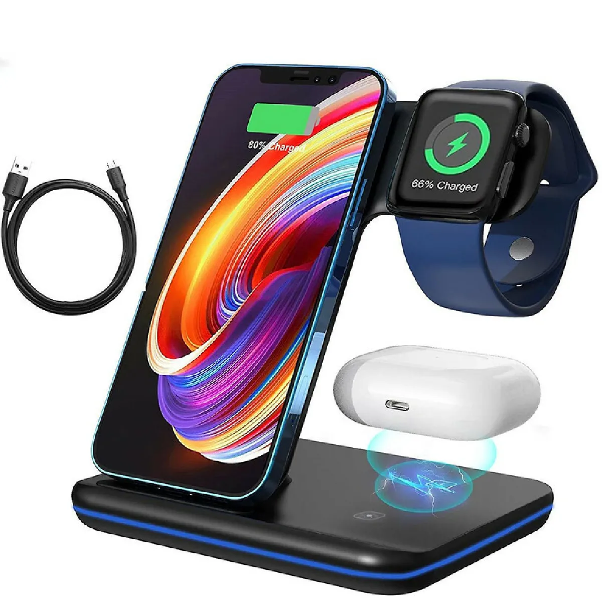 Chargeur sans fil, mise à niveau 3 en 1 support de chargement sans fil Dock Pad pour iPhone 8/9/10/11 série Apple Watch AirPods et téléphones Android,(noir)