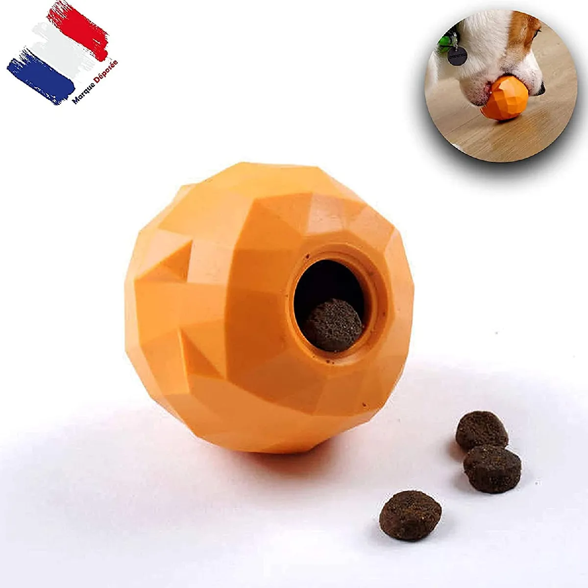 Jouet à Mâcher interactif pour Chien Indestructible  Orange Style Distributeur Original de Friandises, Croquettes   Balle Chiens Anti Stress   Lavable Lave Vaisselle   Jeu Intelligence Chien