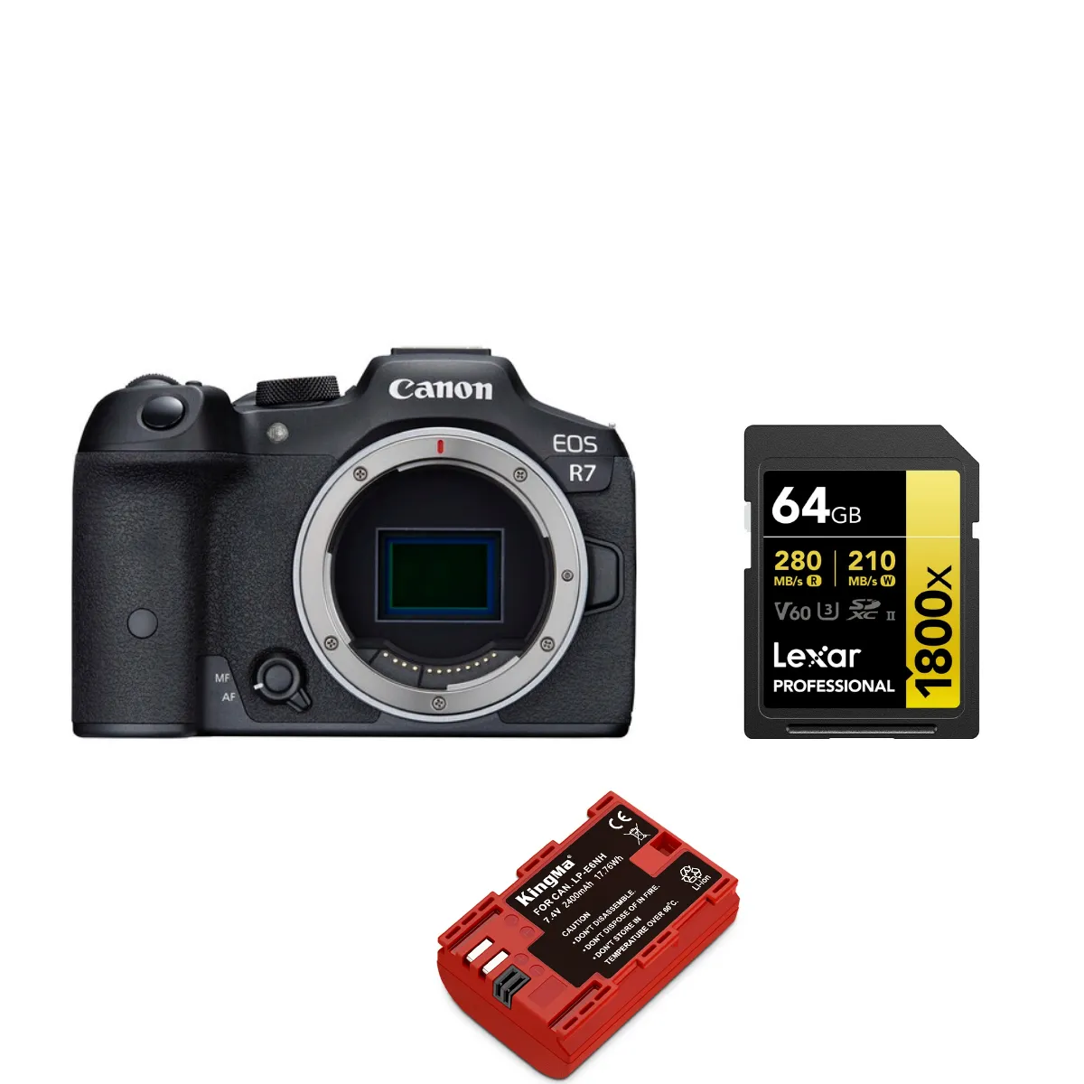 Canon EOS R7 Body+Kingma 2400mAh Battery (Canon LP-E6NH)+Lexar 64GB Professional 1800x UHS-II SDXC Memory Card