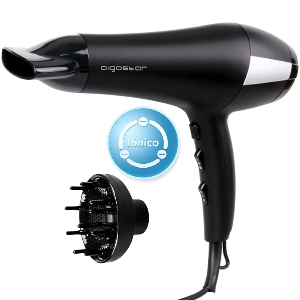 Monique - Sèche-cheveux professionnel ionique de 2400W, 2 vitesses et 3 niveaux de température. Option air froid, inclus diffuseur et embout concentreur d'air. Design exclusif.