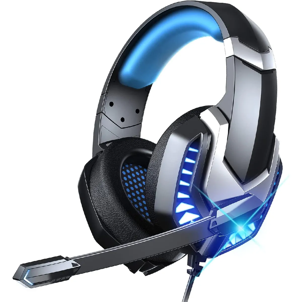 Casque de jeu, casque de jeu Wasart Over Ear avec micro et lumière LED, casque USB antibruit avec mousse à mémoire de forme légère et confortable, fonctionne sur PC, PS4, PS5, Xbox One, Xbox Series X/S, etc.