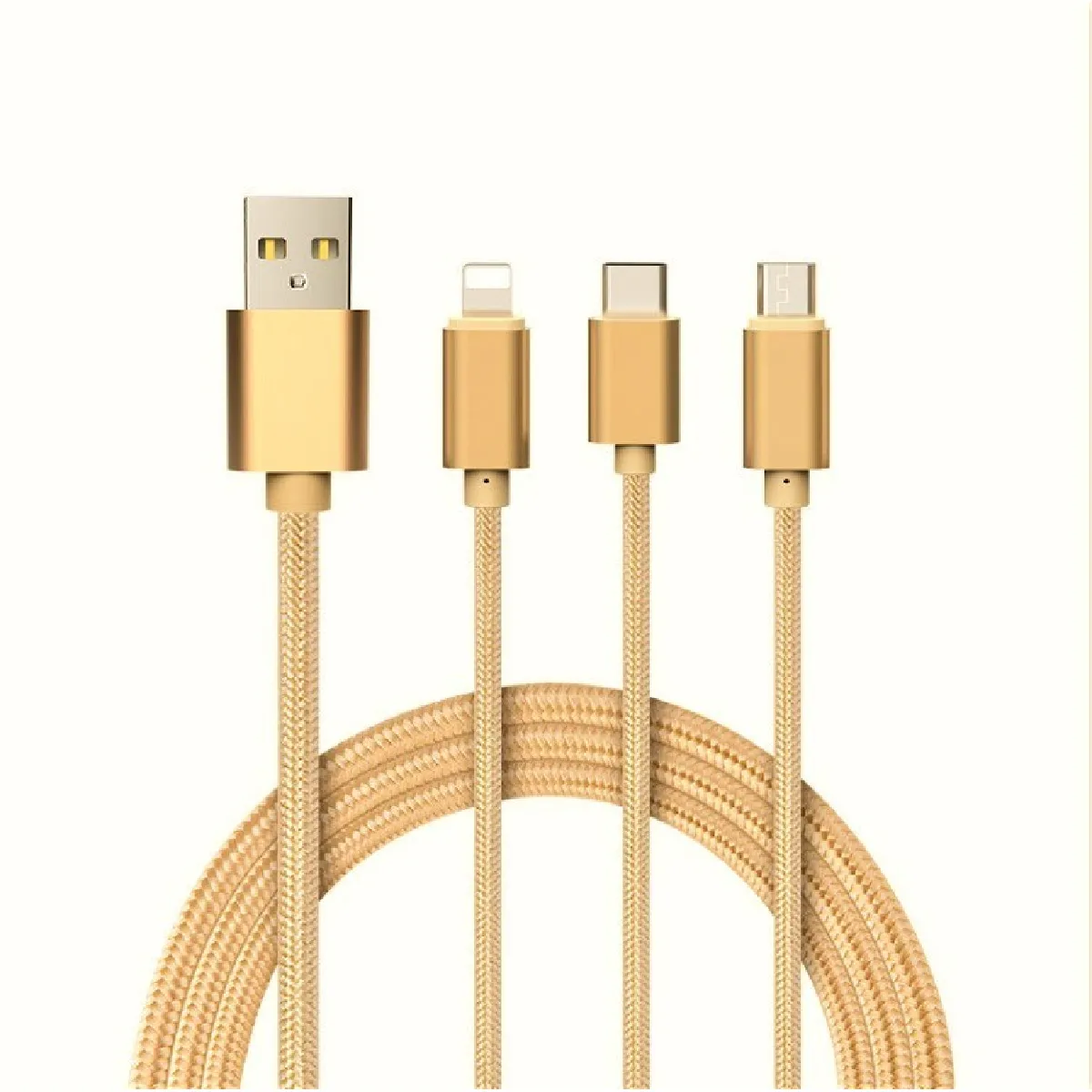 Cable 3 en 1 Pour Airpods Android, Apple & Type C Adaptateur Micro USB Lightning 1,5m Metal Nylon (OR)