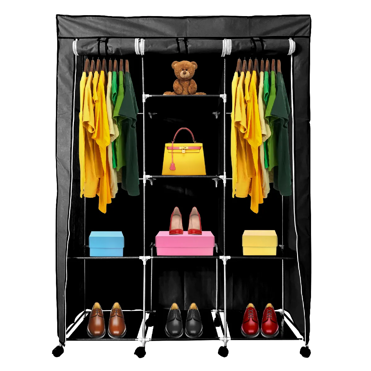 Dressing en tissu avec portes zippées et roulettes Nyana Home 170x125x45cm 6 espaces, 3 portes, 2 armoires Noir