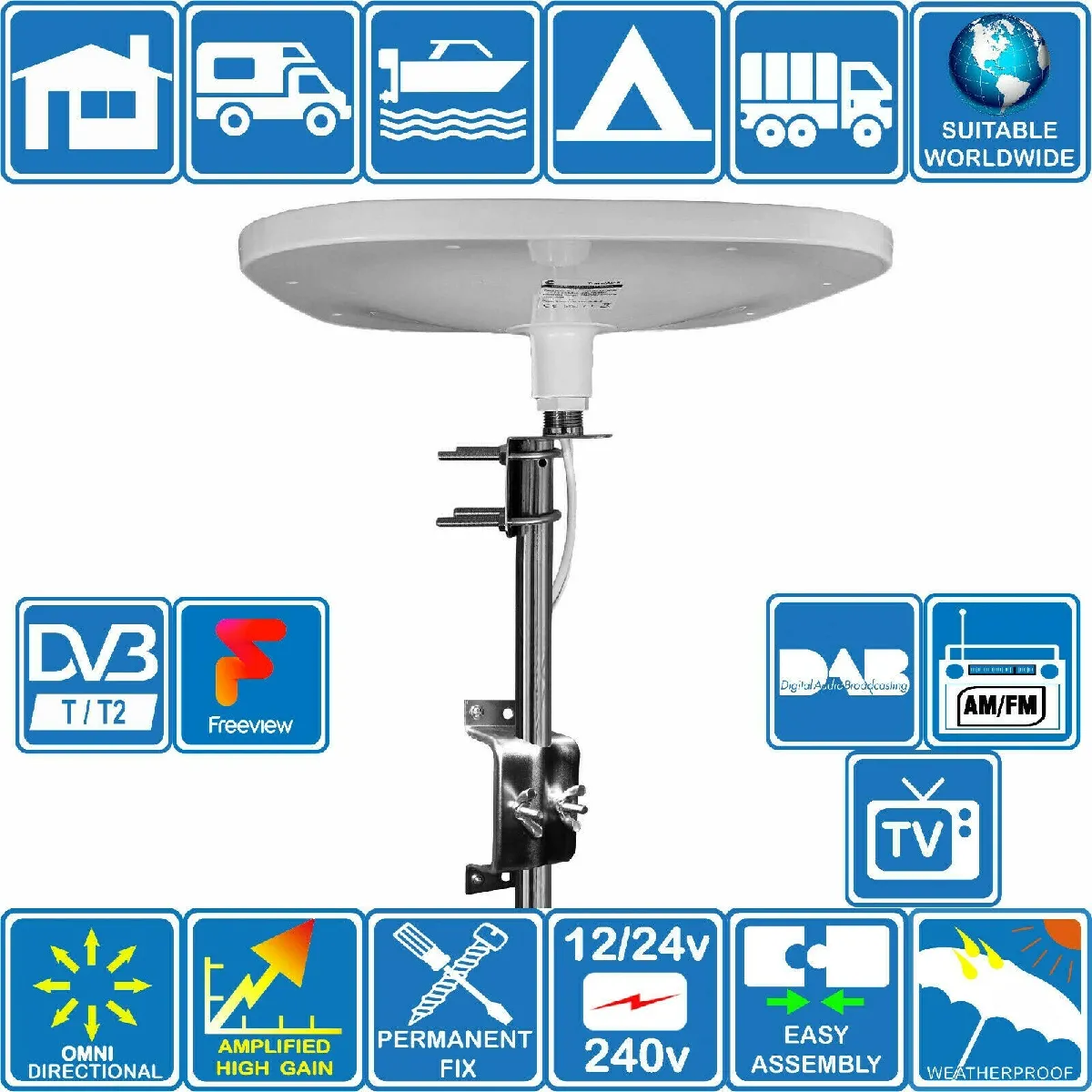 Antenne TNT TV HD Amplifiée Numérique omnidirectionnelle TRAVELAIR-II - Gain Haut 32dB pour Poids Lourd Camion Caravane Bateau Camping Car