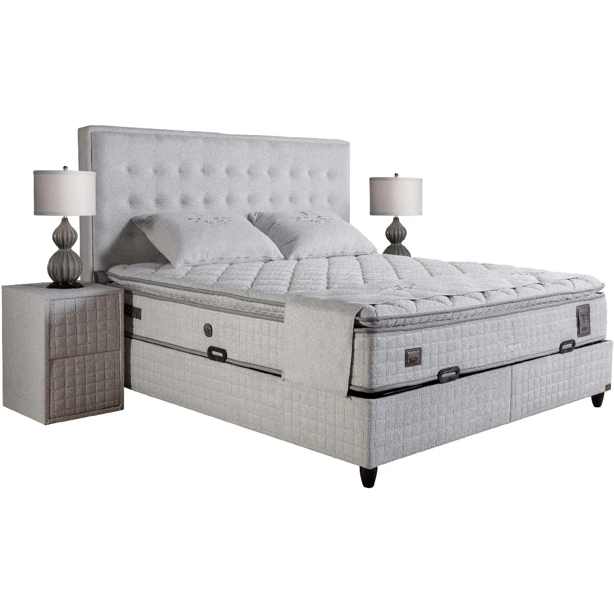 Ensemble de lit coffre 180x200 en tissu bouclette blanc avec un matelas à ressorts ensachés 7 zones de confort de la collection LONDON