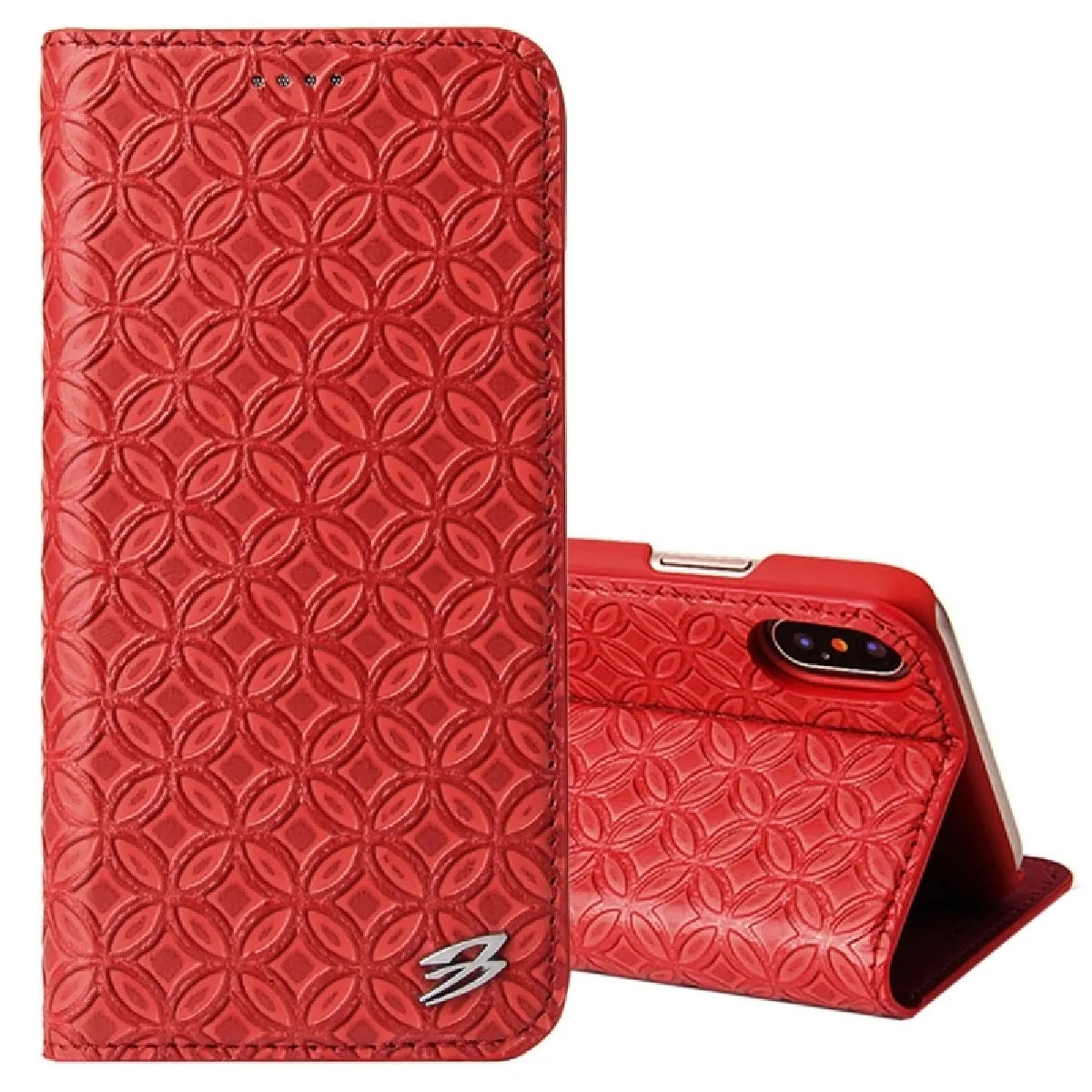 Coque rouge pour iPhone X Texture De Cuivre Magnétique Horizontal Flip Véritable Housse En Cuir avec Titulaire Et Fente Fierre Shann Carte