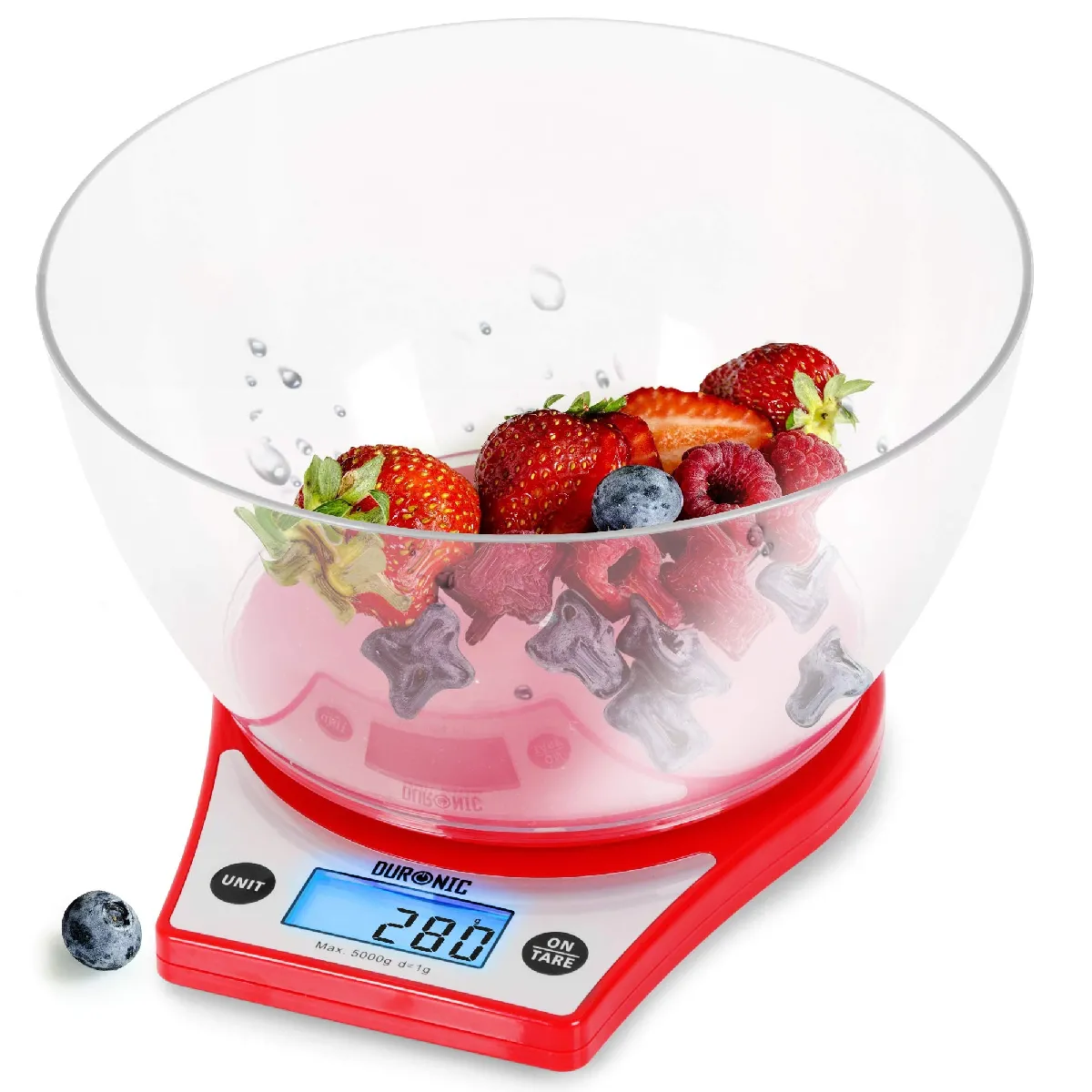 KS6000 RD Balance de cuisine rouge   Capacité 5 kg   Large écran rétroéclairé   Bol de 2 L inclus   Fonction ajout de poids   Précision à 1 g   Idéale pour la pâtisserie / balance postale