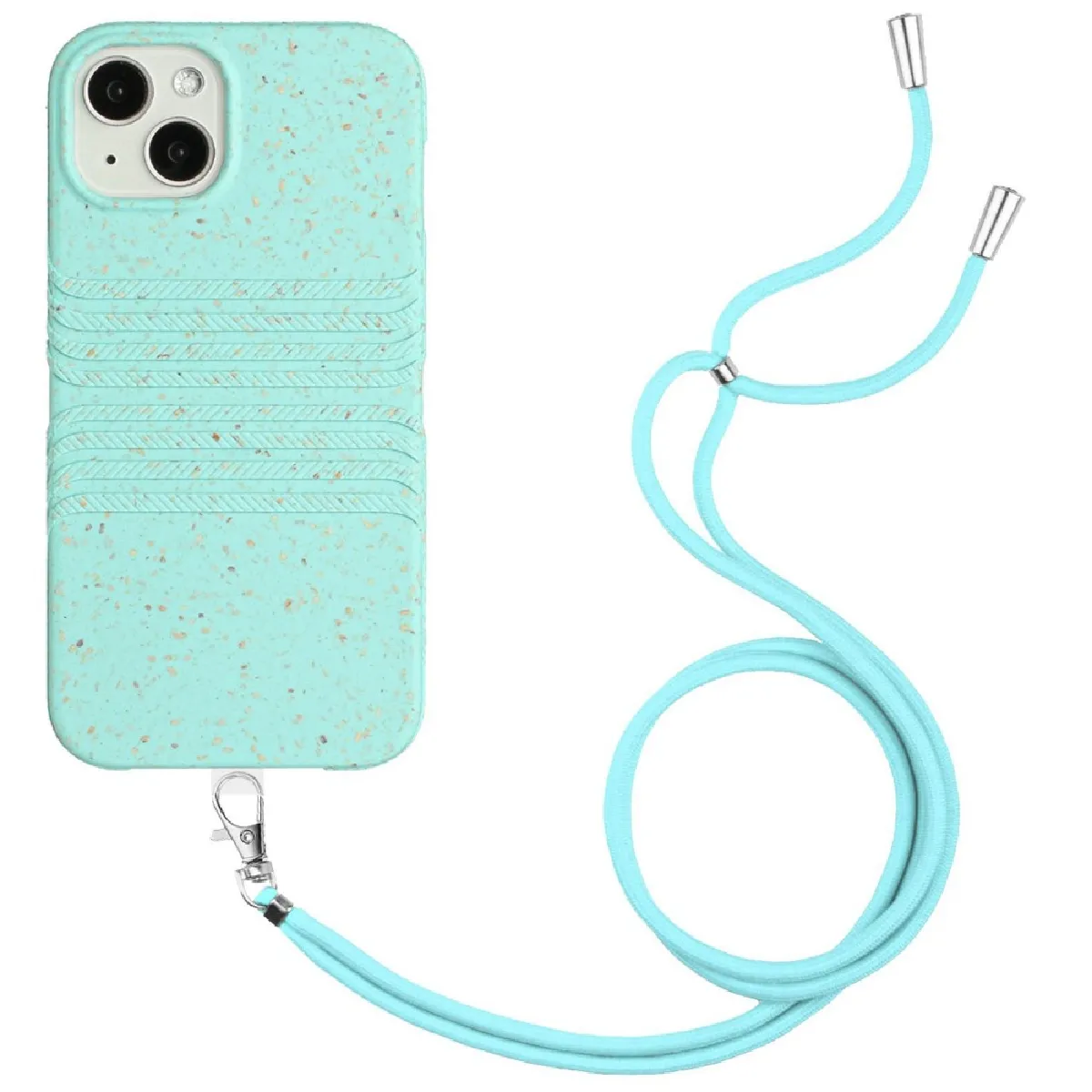 Coque en TPU + paille de blé texture naturelle, entièrement biodégradable avec sangle pour votre iPhone 13 6.1 pouces - bleu ciel