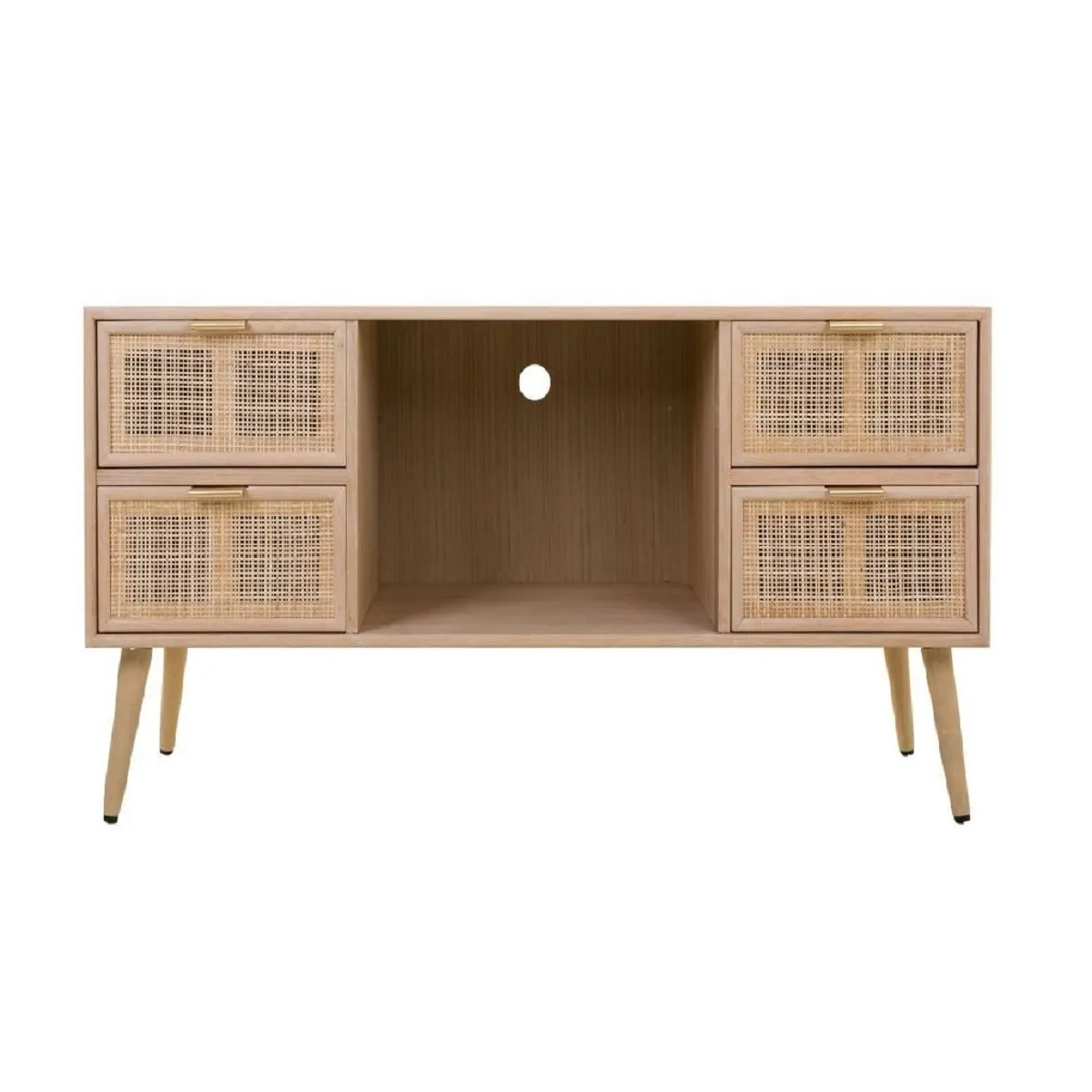 Meuble bas, meuble TV en bois et grille avec 4 tiroirs coloris naturel - Longueur 120 x Profondeur 42 x Hauteur 60 cm