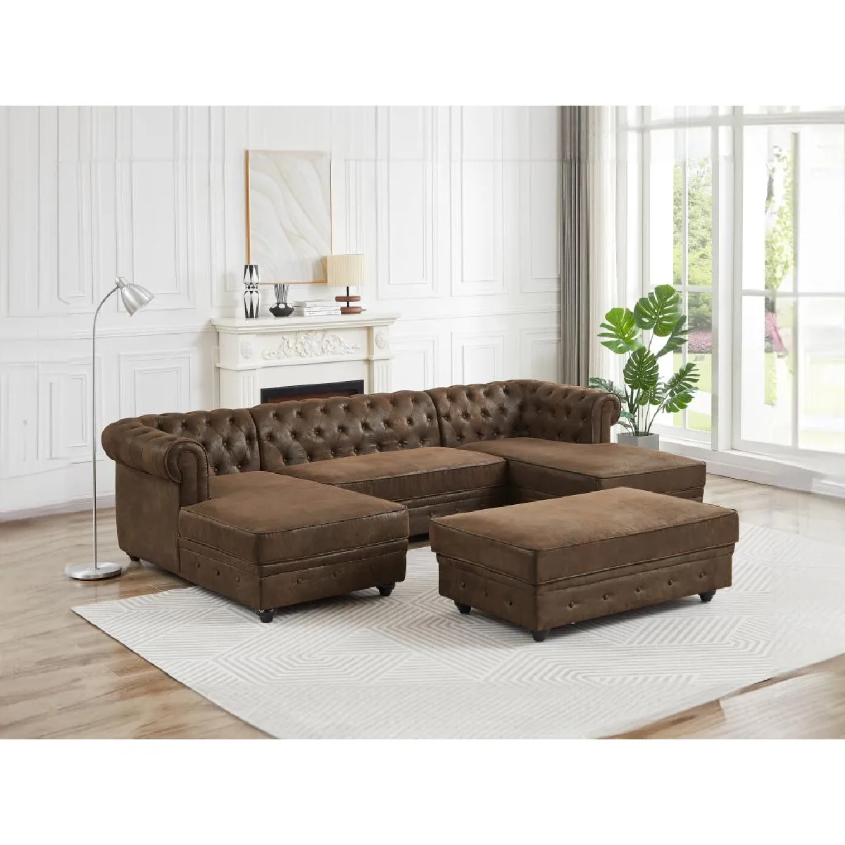 Canapé d'angle panoramique et pouf en microfibre aspect cuir vieilli CHESTERFIELD