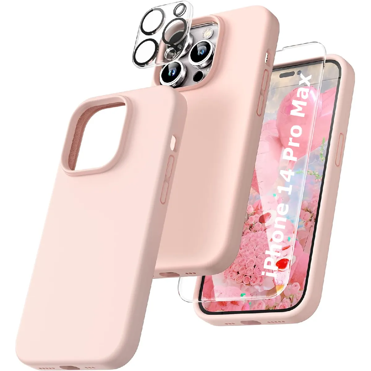 Coque Silicone Rose + Verre Trempe et Protection Camera Arriere Pour iPhone 14 Pro Max Little Boutik®