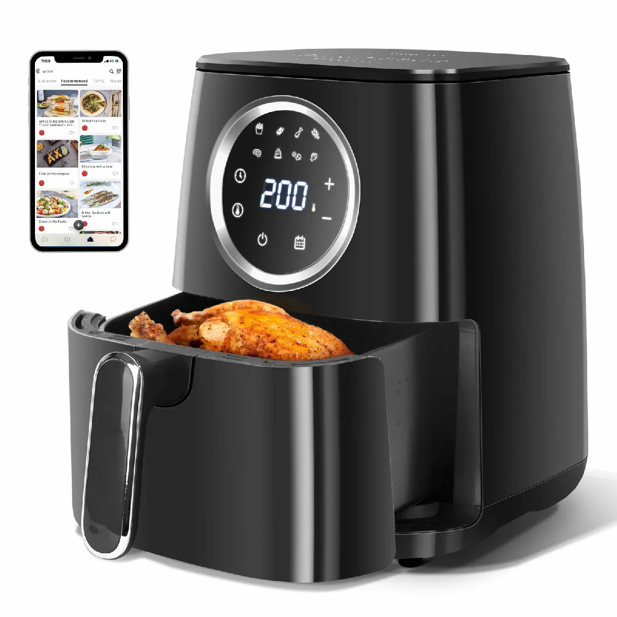 Odin - Friteuse à air chaud 0% BPA. 1400W, capacité de 4.2L. 8 menus préprogrammés et mode manuel. Écran LED tactile.