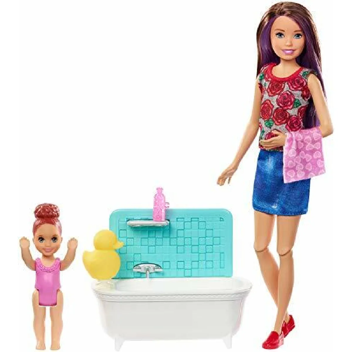 Barbie Skipper Babysitters Inc Ensemble de jeu avec baignoire, poupAe Skipper Babysitting et petite poupAe pour tout-petit avec bouton pour bouger les bras et Aclabousser, plus accessoires thAmatiques, cadeau pour les enfants de 3 A 7 ans