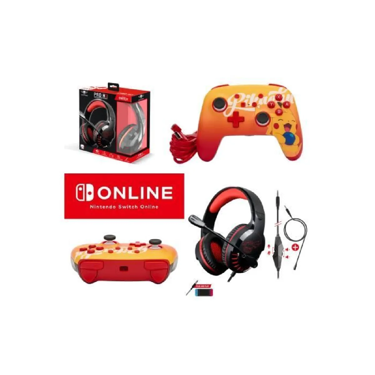 Manette SWITCH Filaire Nintendo Pokémon Pikachu BERRY Orange Officielle + Casque Gamer PRO H3 Rouge SPIRIT OF GAMER SWITCH