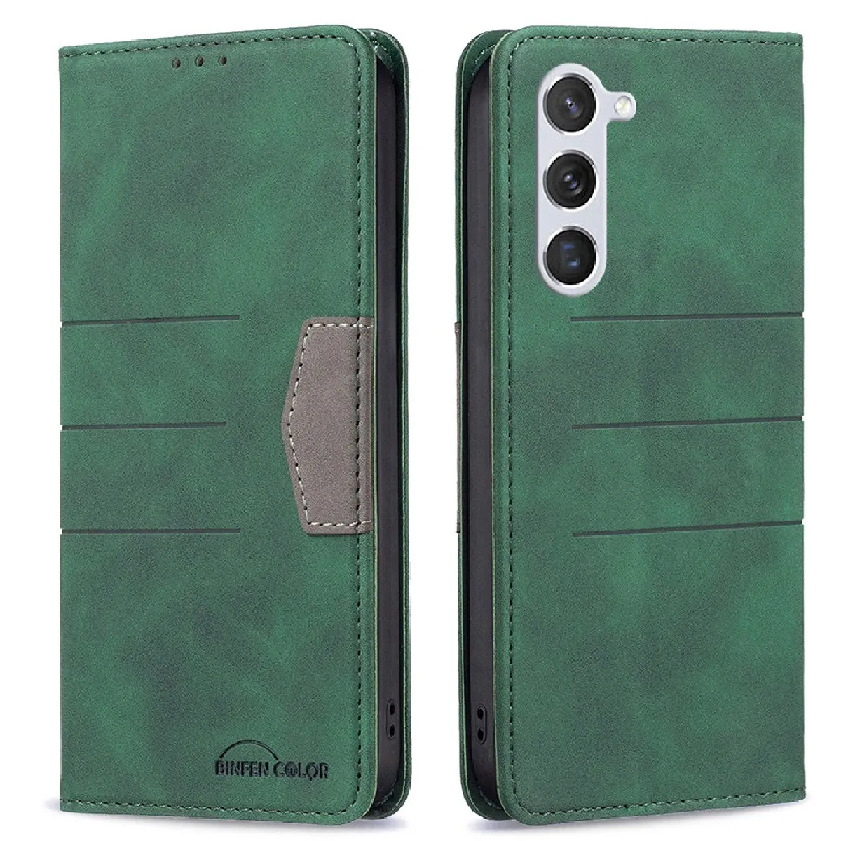 Etui en PU BINFEN COLOR anti-chute, épissage des couleurs, motif de lignes, fermeture magnétique pour votre Samsung Galaxy S23 - vert