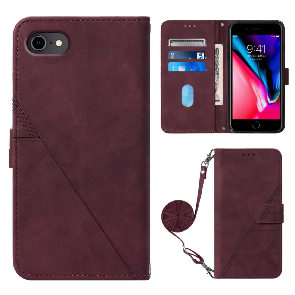 Etui en PU motif de lignes avec bandoulière rouge vin pour votre iPhone 6 4.7-pouces/7 4.7 pouces/8 4.7 pouces/SE (2nd Generation)