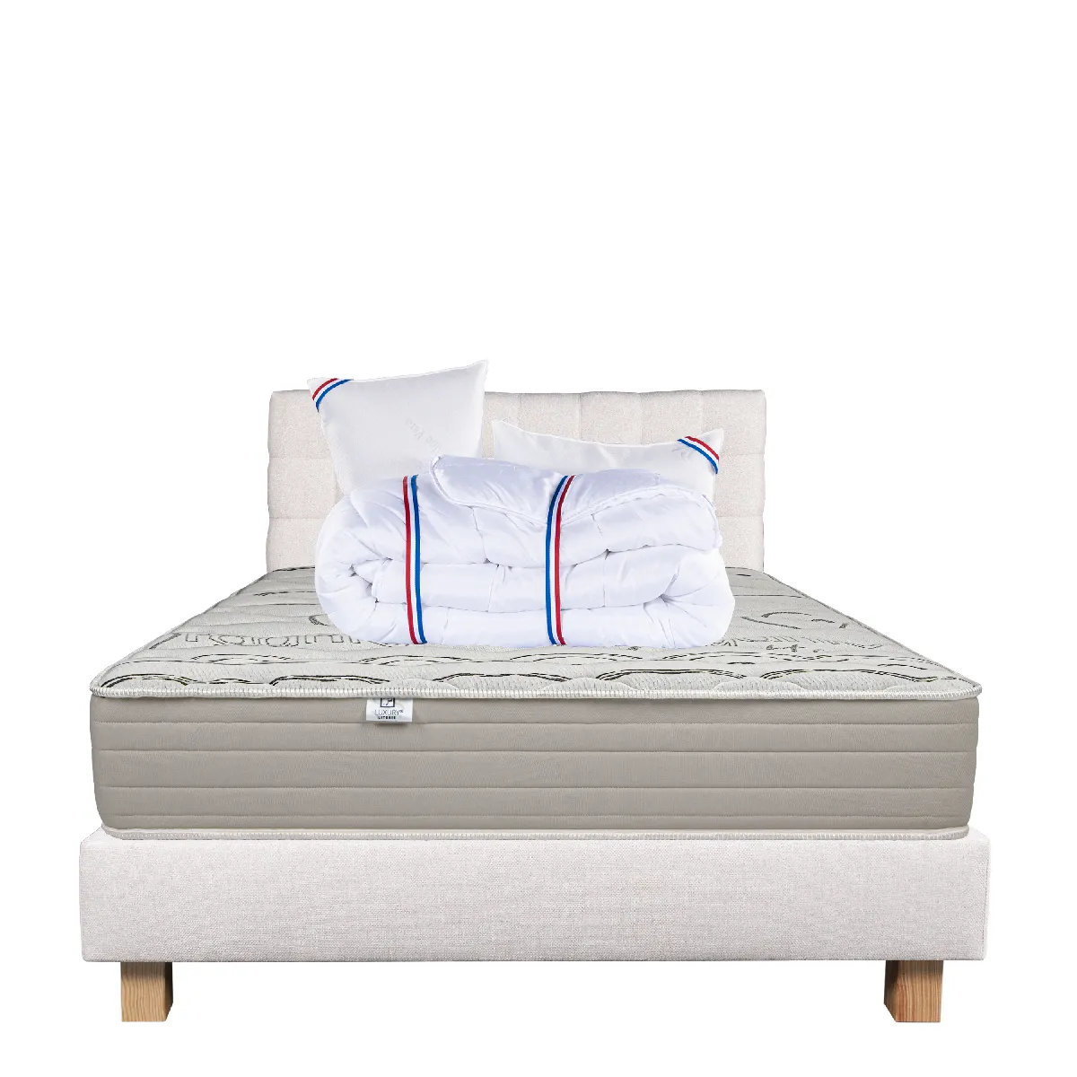 Ensemble matelas OrganicCoton 160x200 cm + sommier beige ep20cm + 2 oreillers + couette + Tête de Lit