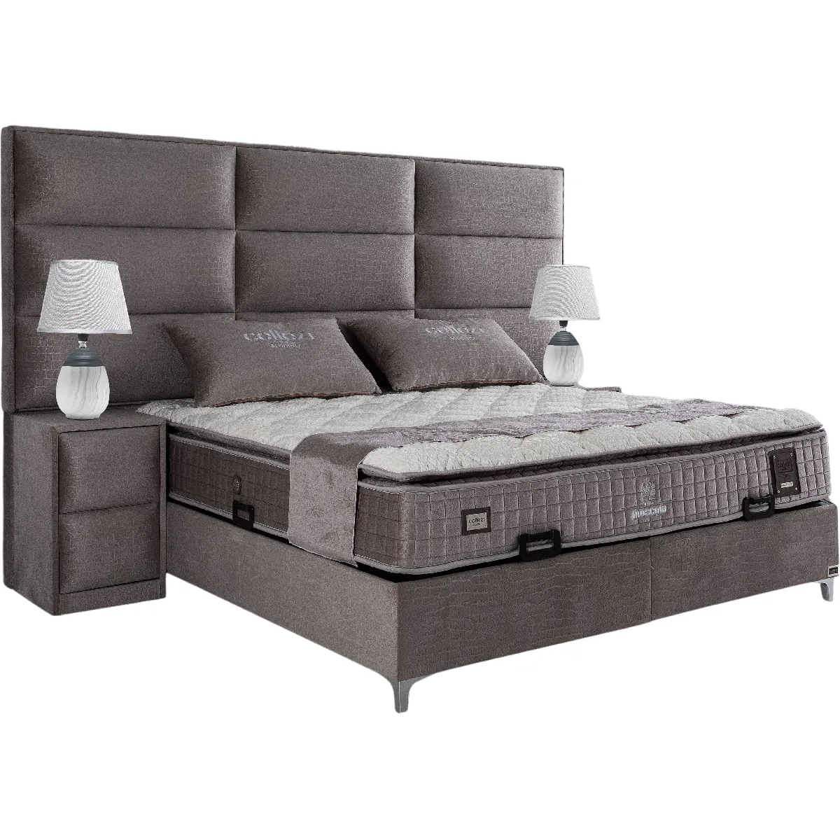 Ensemble de lit coffre 160x200 en velours gris avec un matelas à ressorts ensachés 7 zones de confort de la collection MOSCOW