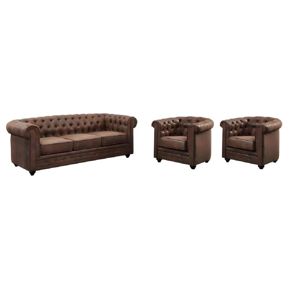 Canapé 3 places et 2 fauteuils CHESTERFIELD en microfibre aspect cuir vieilli