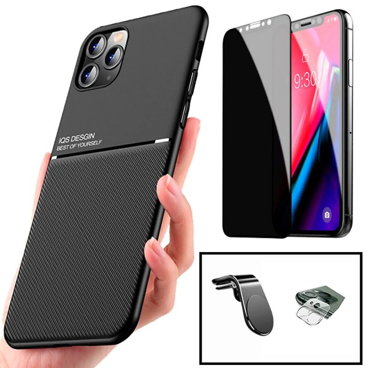 Kit Coque Magnetic Lux + Anti-Spy 5D Full Cover + Film de Caméra Arrière + Support Magnétique L Safe Driving - Iphone 8