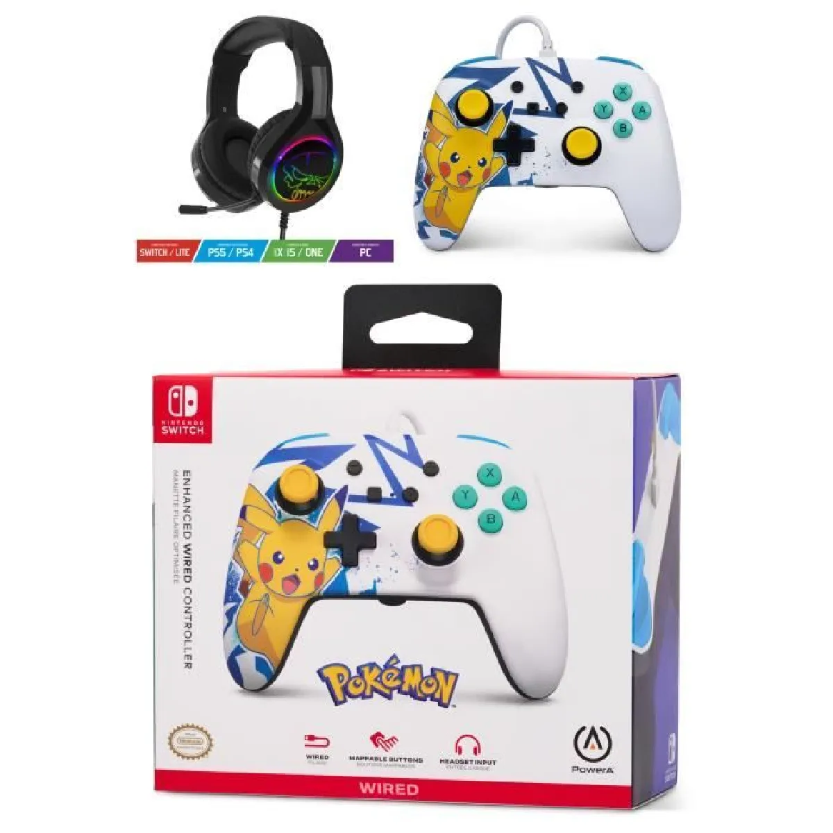 Pack Manette SWITCH Filaire Nintendo Pokémon Pikachu Meowth Officielle + Casque Gamer PRO H7 SPIRIT OF GAMER SWITCH