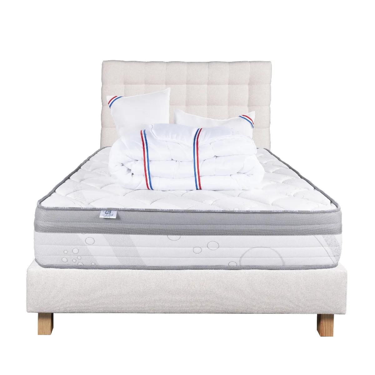 Ensemble matelas Relaxation 160x200 cm + sommier beige ep20cm + 2 oreillers + couette + Tête de Lit