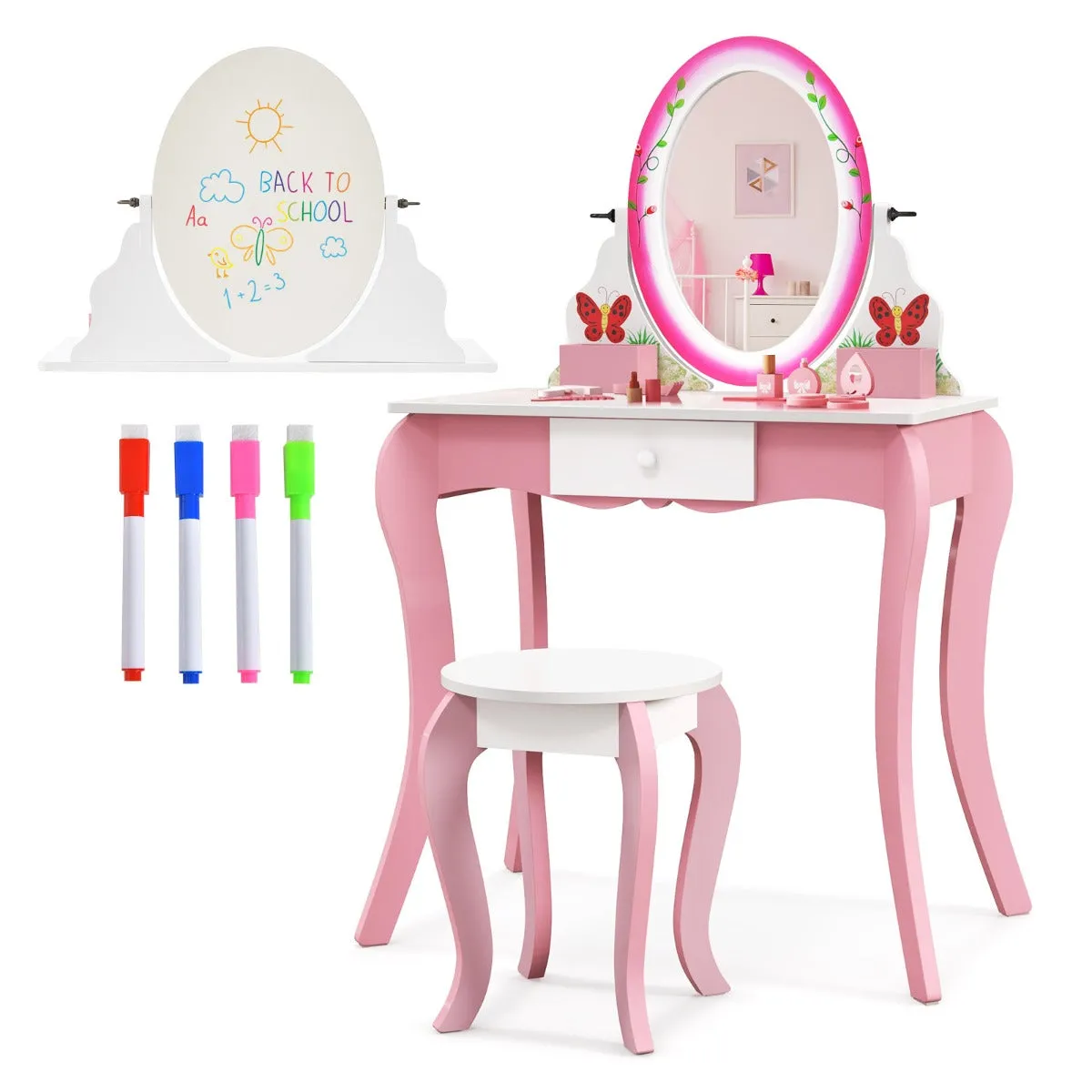 Coiffeuse enfants avec tabouret et miroir rotatif à 360° tableau blanc au dos table de maquillage avec tiroir et 4 marqueurs rose 20_0004871